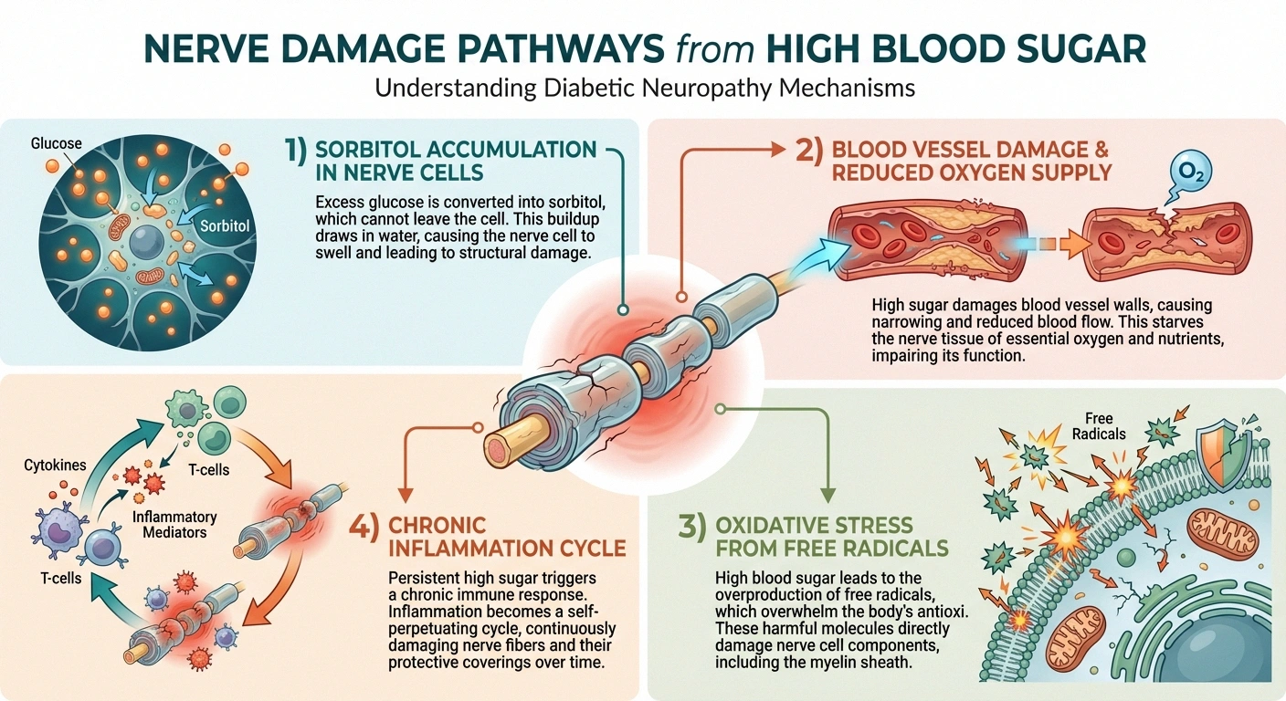 Infographic showing four mechanisms by which high blood sugar causes nerve damage in diabetic neuropathy