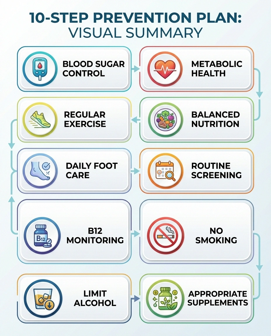 Visual summary of ten-step prevention plan for diabetic neuropathy with icons for each strategy