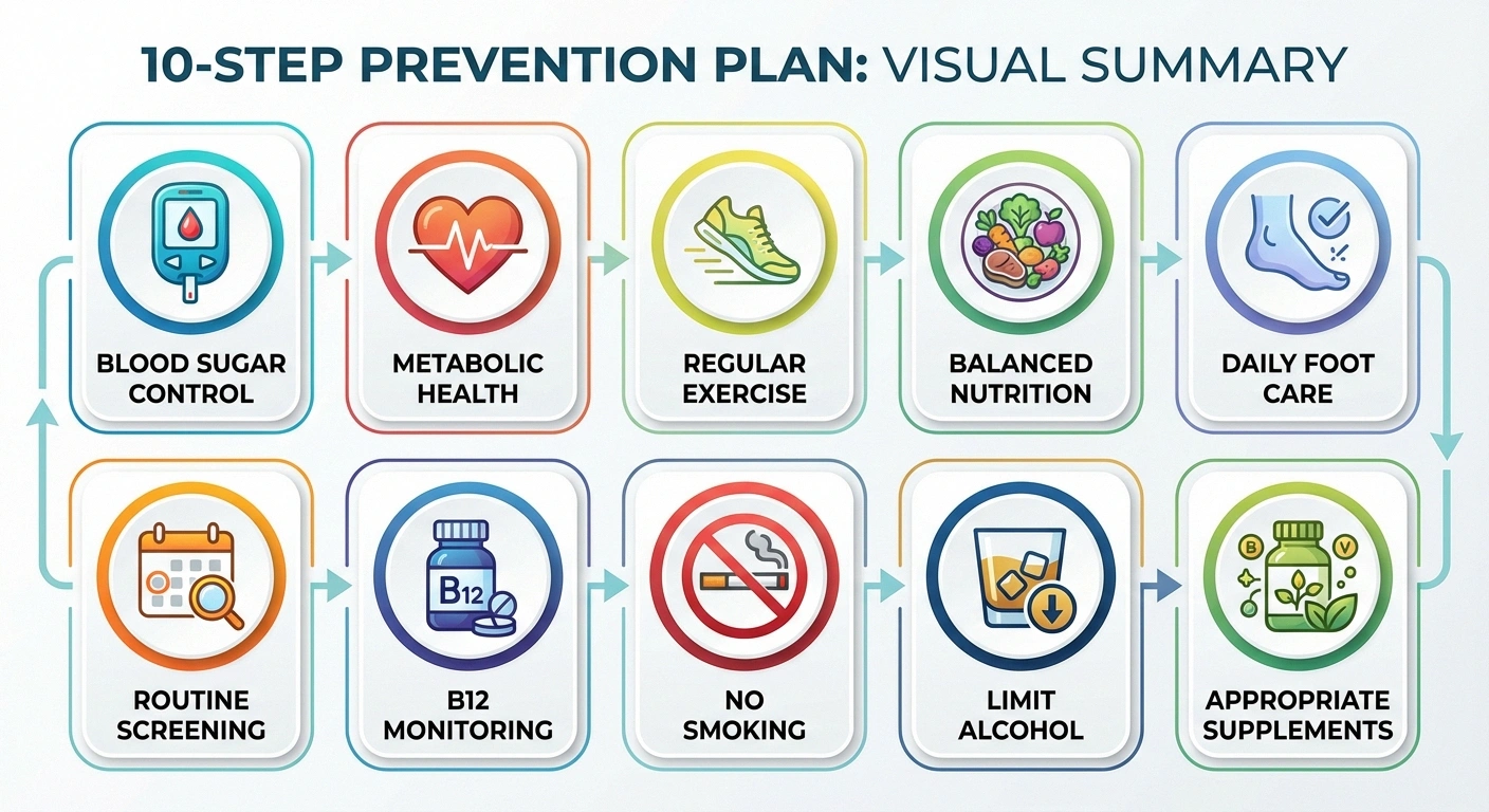 Visual summary of ten-step prevention plan for diabetic neuropathy with icons for each strategy