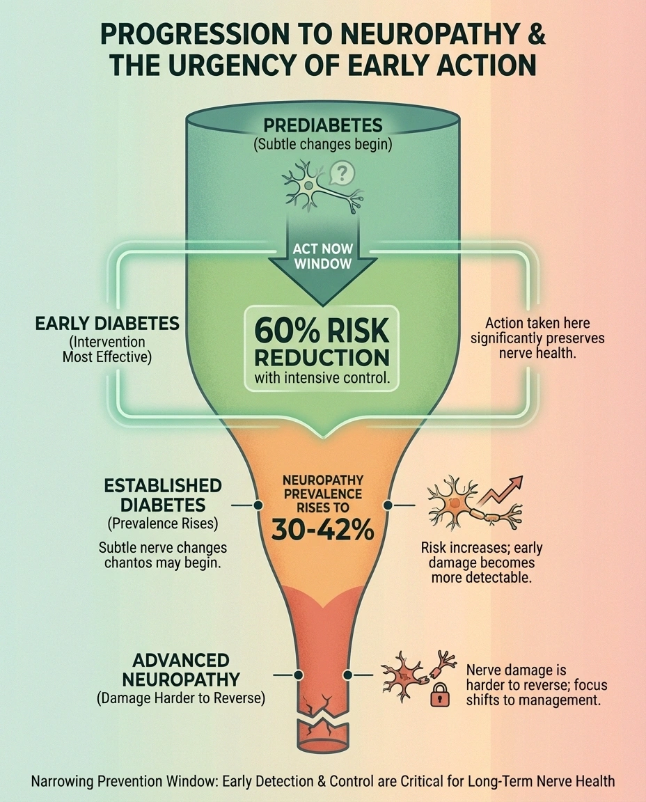 Timeline infographic showing window of opportunity for preventing diabetic neuropathy from prediabetes through established diabetes