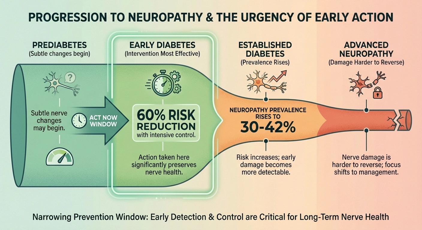 Timeline infographic showing window of opportunity for preventing diabetic neuropathy from prediabetes through established diabetes