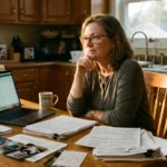 A middle-aged person sitting at a kitchen table with paperwork and a laptop, looking thoughtful but determined. Warm, natural lighting. Documents and forms visible but not readable. The person has a supportive, relatable appearance.