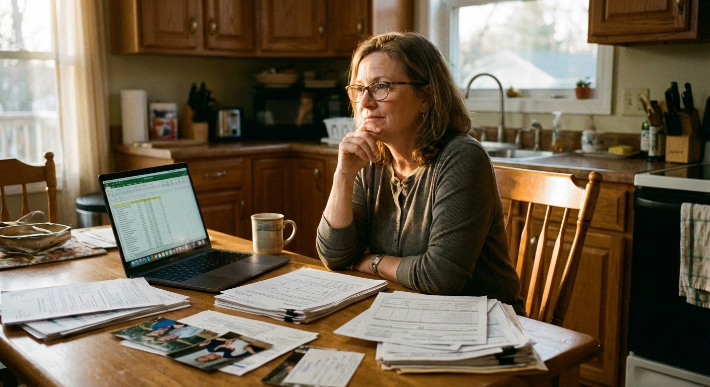 A middle-aged person sitting at a kitchen table with paperwork and a laptop, looking thoughtful but determined. Warm, natural lighting. Documents and forms visible but not readable. The person has a supportive, relatable appearance.