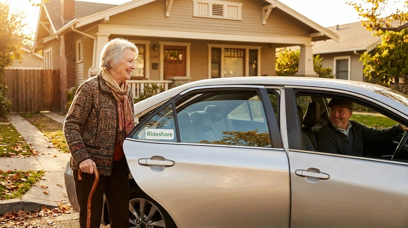 Older woman stepping into a rideshare car, maintaining independence after stopping driving