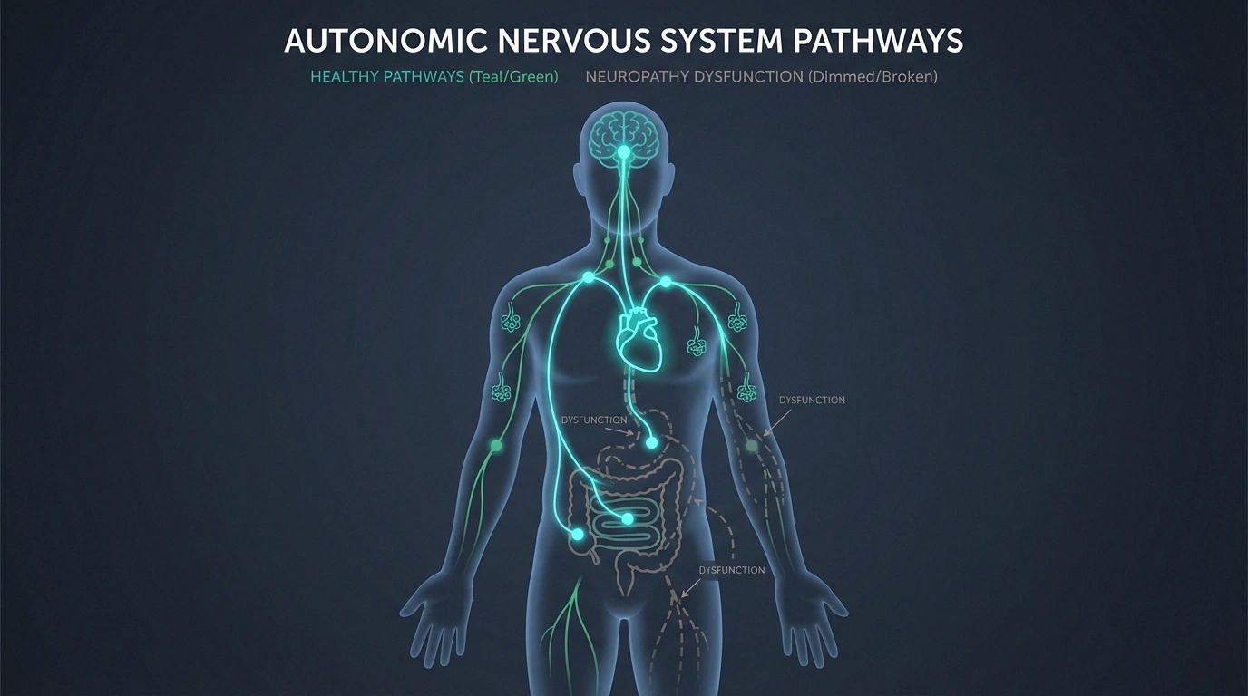 Medical illustration showing autonomic nervous system pathways disrupted by neuropathy