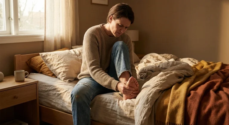 Person holding their foot while experiencing neuropathy pain and tingling sensations