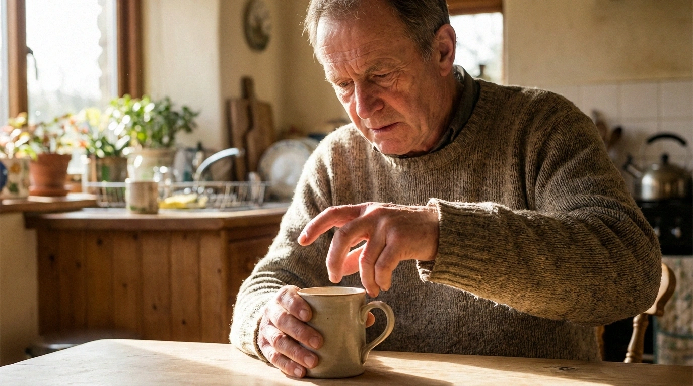 Older man concentrating while picking up a cup due to motor neuropathy grip weakness