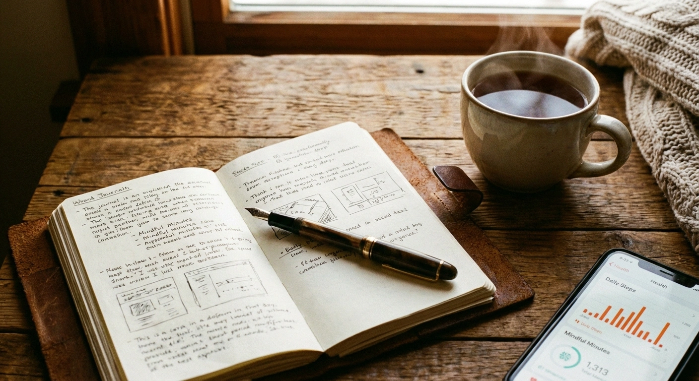 A notebook or journal on a table with a pen, next to a cup of tea. Close-up, warm tones. Possibly a phone with a health app visible nearby.