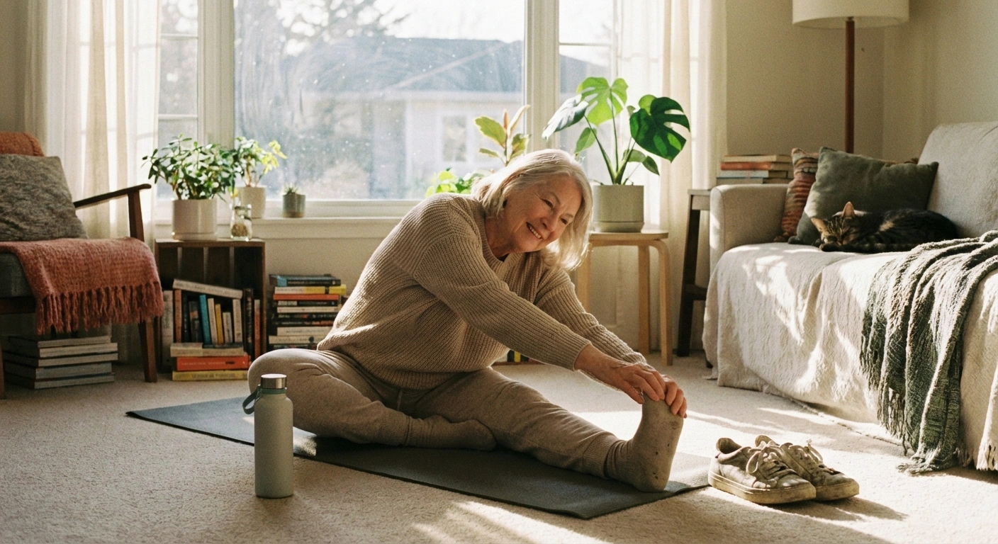 Older person doing gentle stretching at home, with a water bottle and comfortable shoes nearby. Morning light, calm domestic setting.