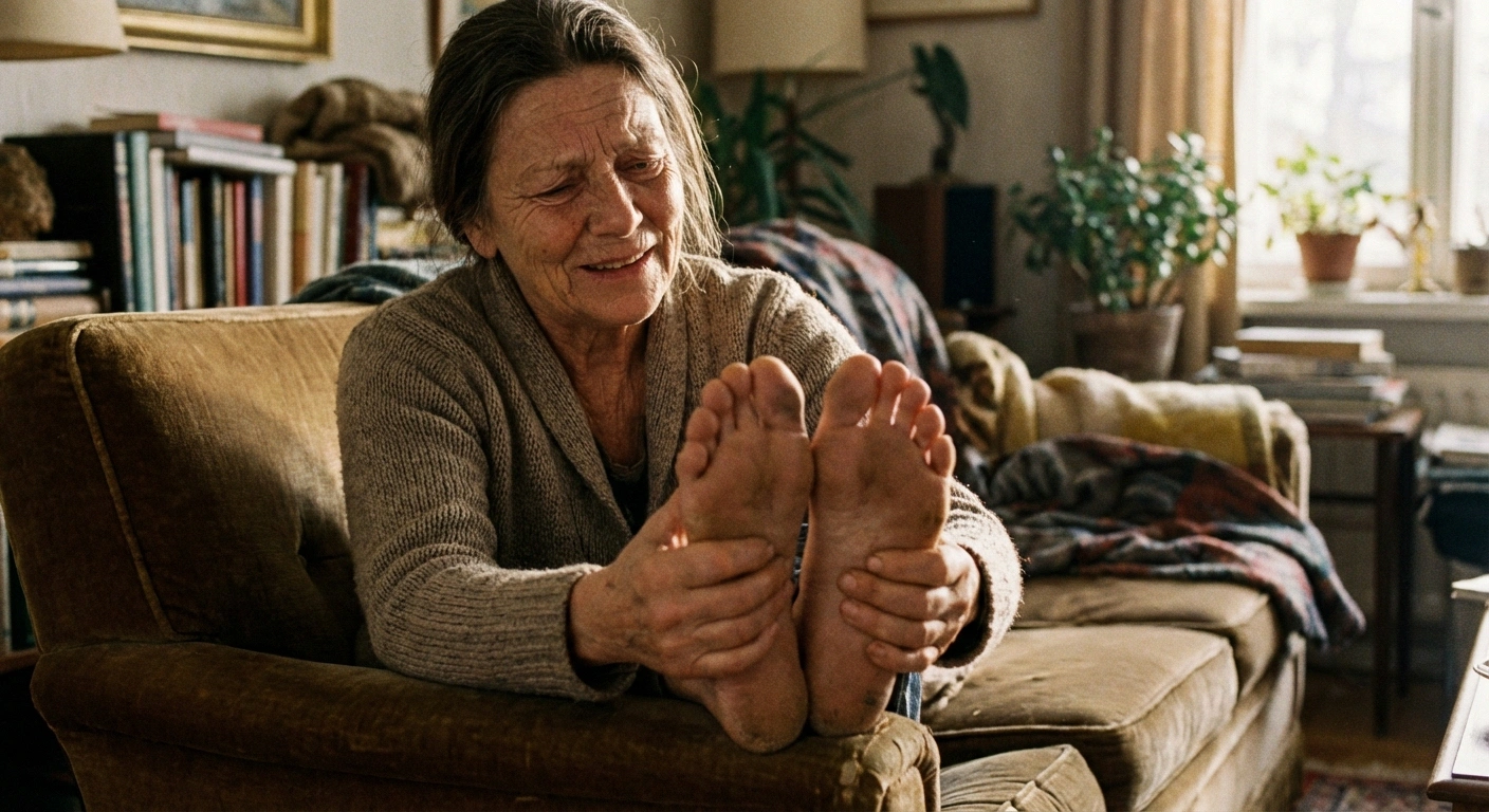 Close-up of an older person sitting on a couch, gently holding their feet, expression showing mild discomfort but resilience. Warm, natural home lighting. Soft focus background.