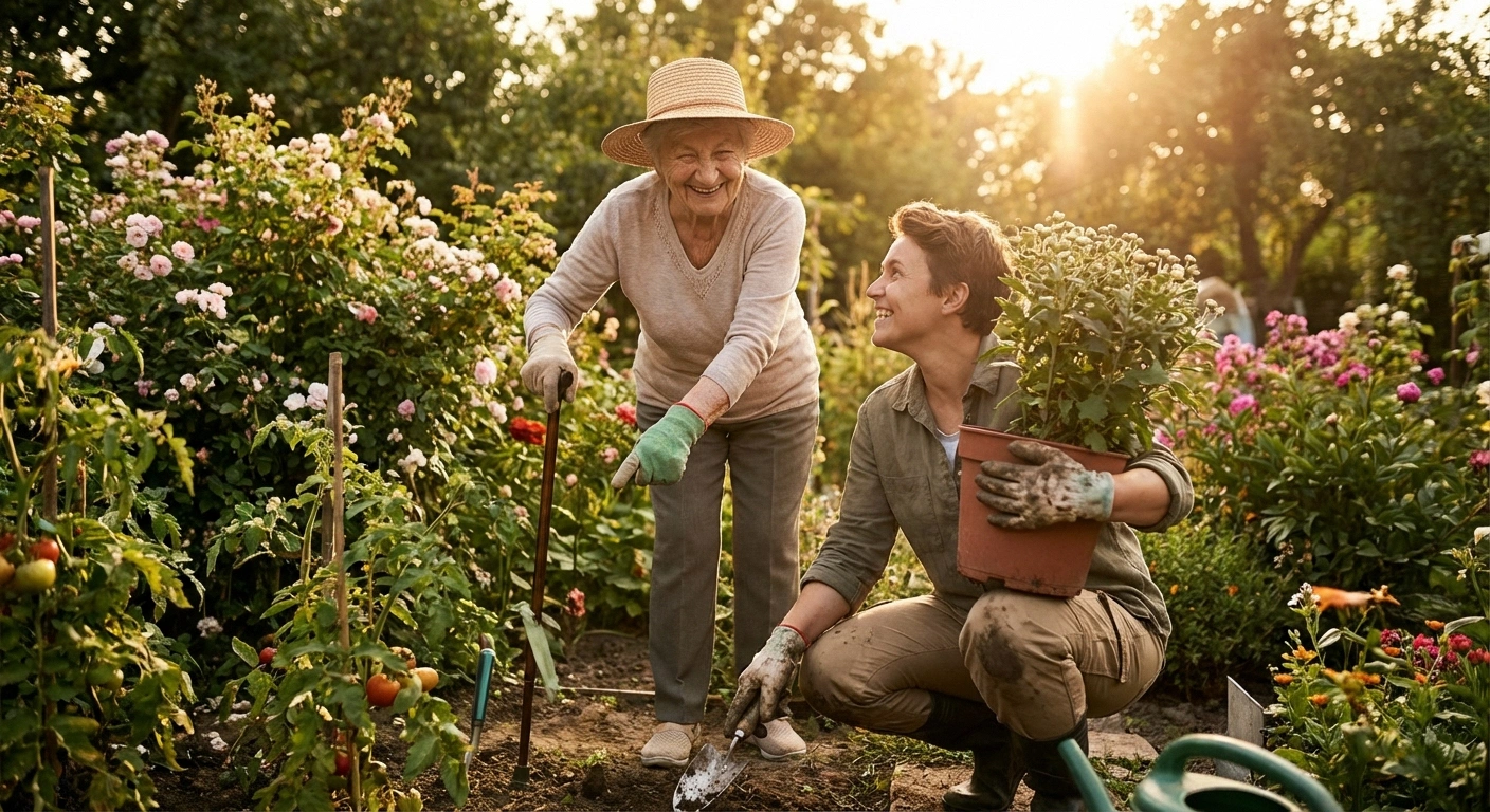 Person with neuropathy collaborating with family member in the garden, showing that asking for help maintains independence
