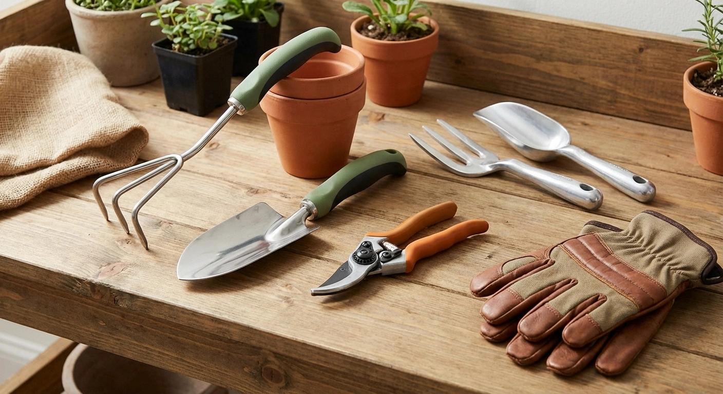 Ergonomic gardening tools for neuropathy including padded grip trowel, spring-loaded pruners, and protective gloves