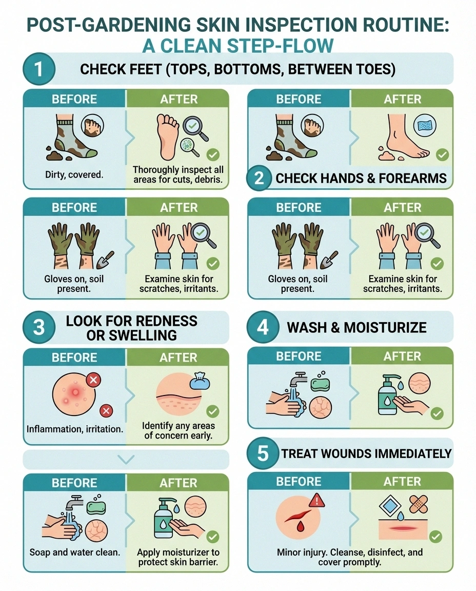 Five-step before-and-after gardening inspection routine for people with neuropathy showing foot and hand checks