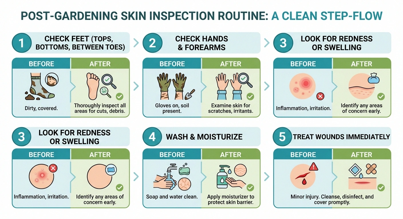 Five-step before-and-after gardening inspection routine for people with neuropathy showing foot and hand checks