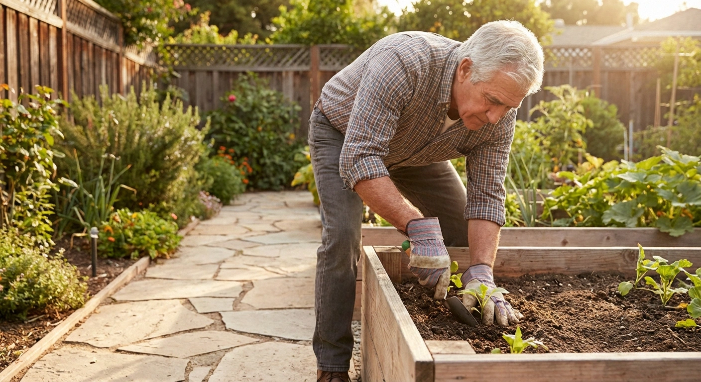 Man with neuropathy using safe body mechanics while gardening as gentle therapeutic exercise for nerve health