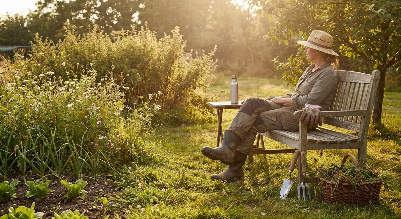 Gardener taking a rest break on bench between tasks to pace themselves and prevent neuropathy flare-ups