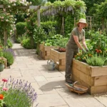 Accessible garden design with raised beds at standing height, wide pathways, and shade structure for gardening with neuropathy