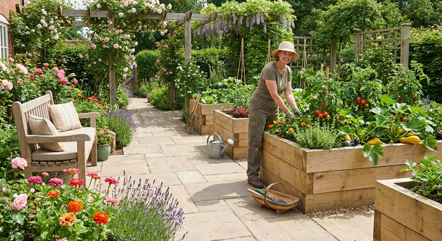 Accessible garden design with raised beds at standing height, wide pathways, and shade structure for gardening with neuropathy