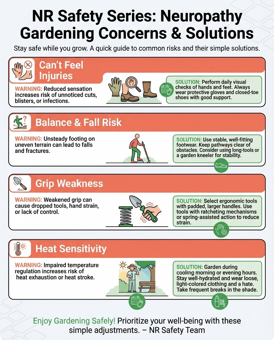 Safety infographic showing four main gardening concerns for people with neuropathy and their solutions