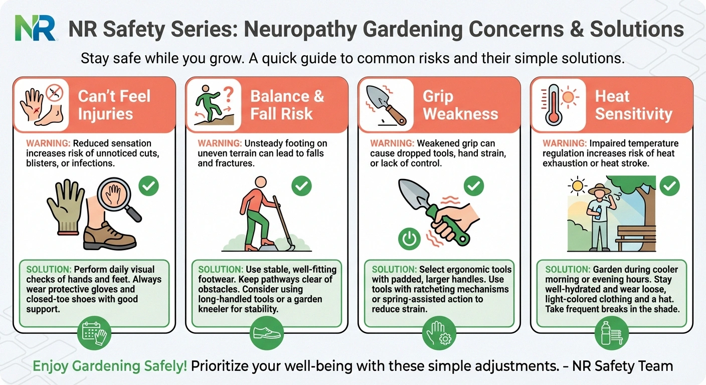 Safety infographic showing four main gardening concerns for people with neuropathy and their solutions