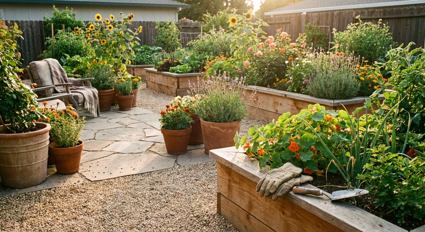 Beautifully adapted neuropathy-friendly garden with raised beds, container plants, and accessible pathways