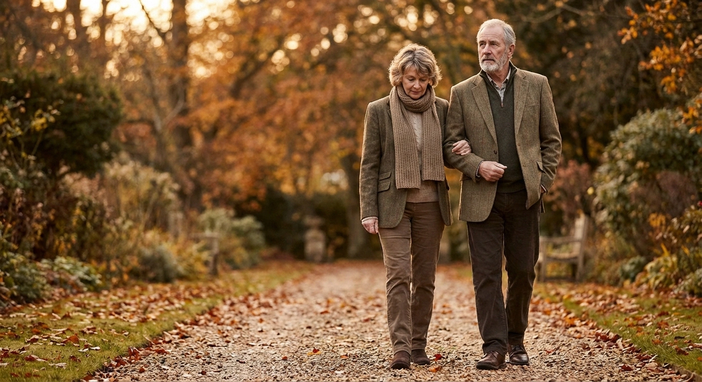 Older couple walking together on a park path, navigating the emotional distance that neuropathy creates in relationships