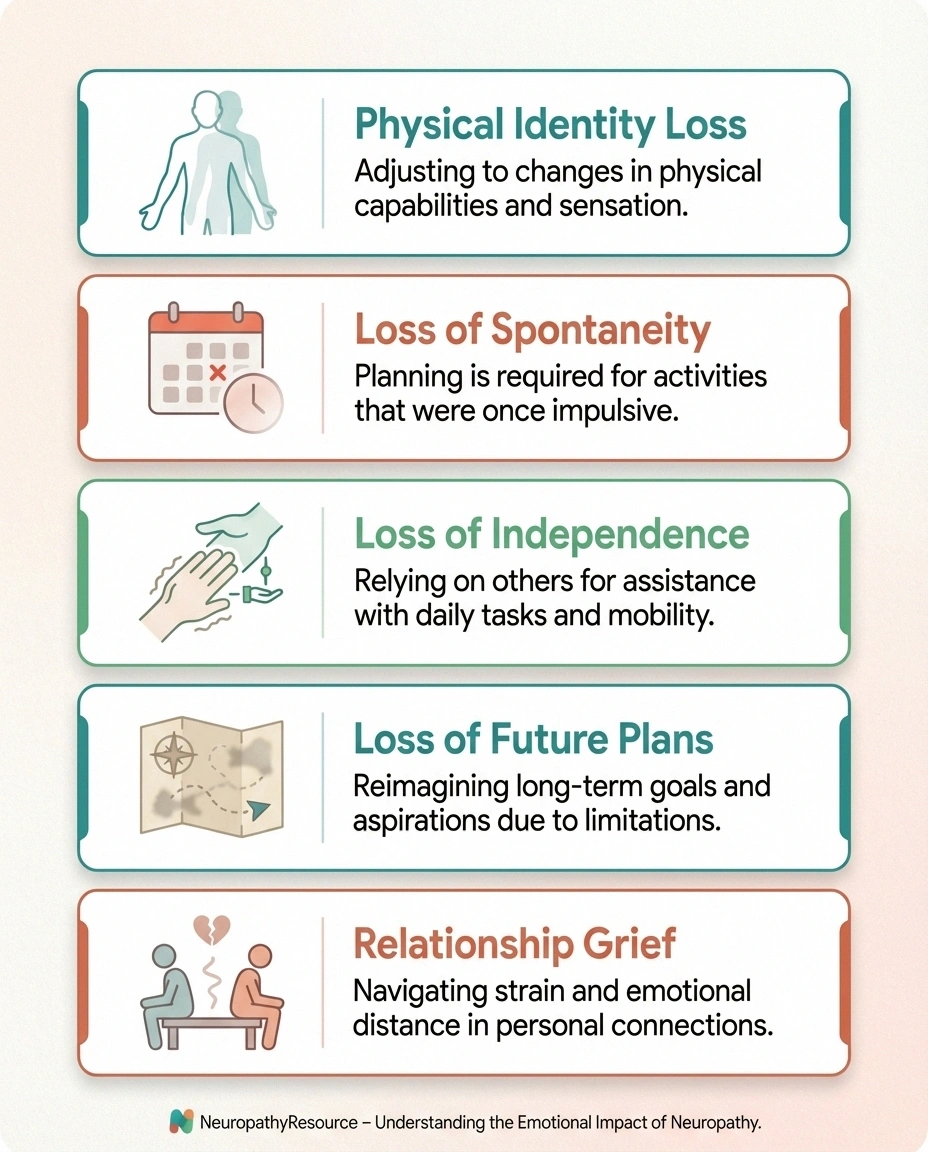 Infographic showing five types of grief people with neuropathy experience including loss of physical identity, spontaneity, independence, future plans, and relationship changes