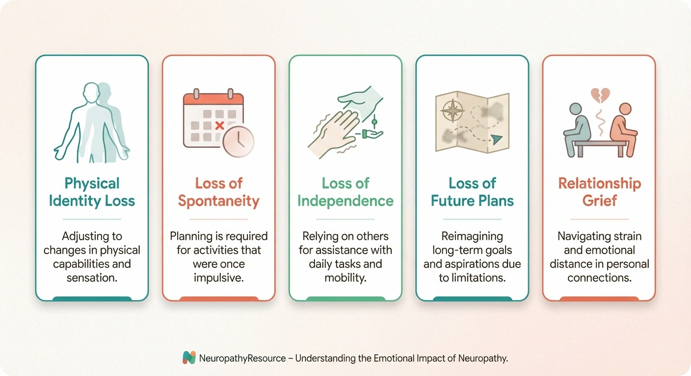 Infographic showing five types of grief people with neuropathy experience including loss of physical identity, spontaneity, independence, future plans, and relationship changes