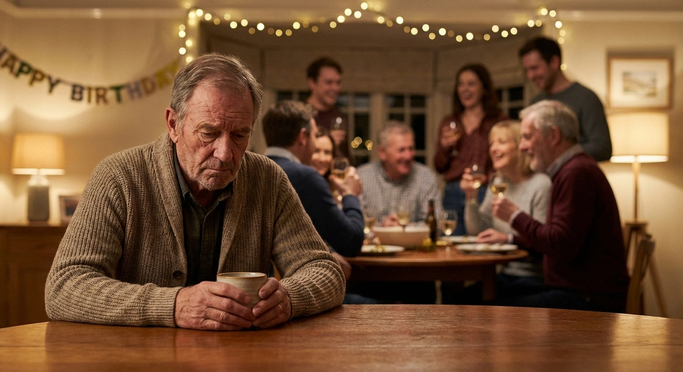 Older adult sitting alone at a table while family activity continues in the blurred background, conveying the invisible and unacknowledged grief of living with neuropathy