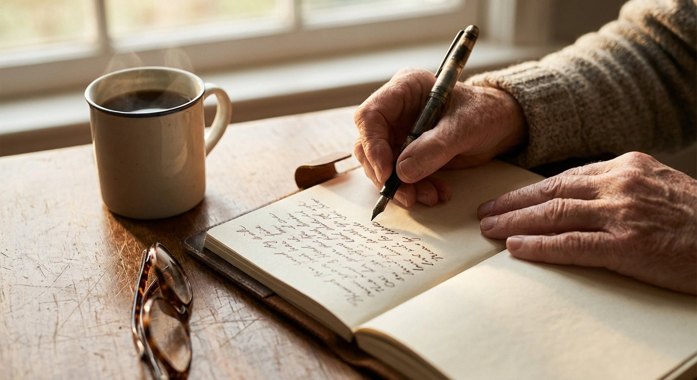 Close-up of hands writing in a personal journal with tea and reading glasses nearby, representing the process of grieving and finding meaning with neuropathy