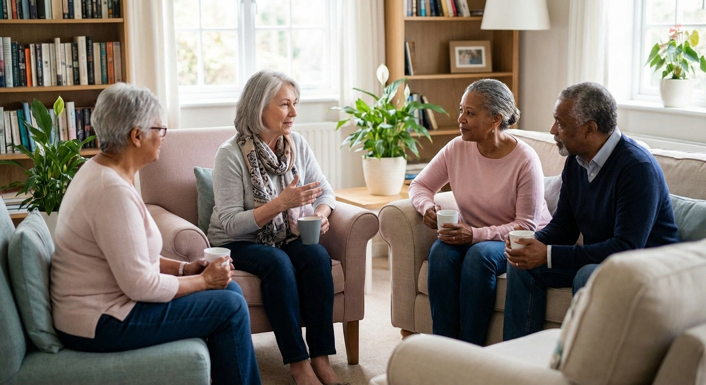 Small neuropathy support group of older adults sitting in comfortable chairs having an intimate conversation in a warm community setting
