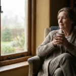 Older woman sitting by window looking out thoughtfully while holding a cup of coffee, reflecting on changes from living with neuropathy