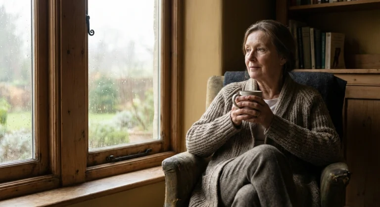 Older woman sitting by window looking out thoughtfully while holding a cup of coffee, reflecting on changes from living with neuropathy