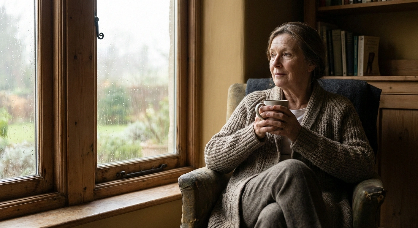 Older woman sitting by window looking out thoughtfully while holding a cup of coffee, reflecting on changes from living with neuropathy