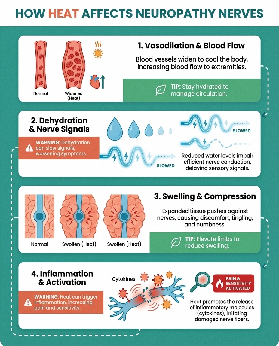 Infographic showing four ways summer heat worsens neuropathy through vasodilation dehydration swelling and inflammation