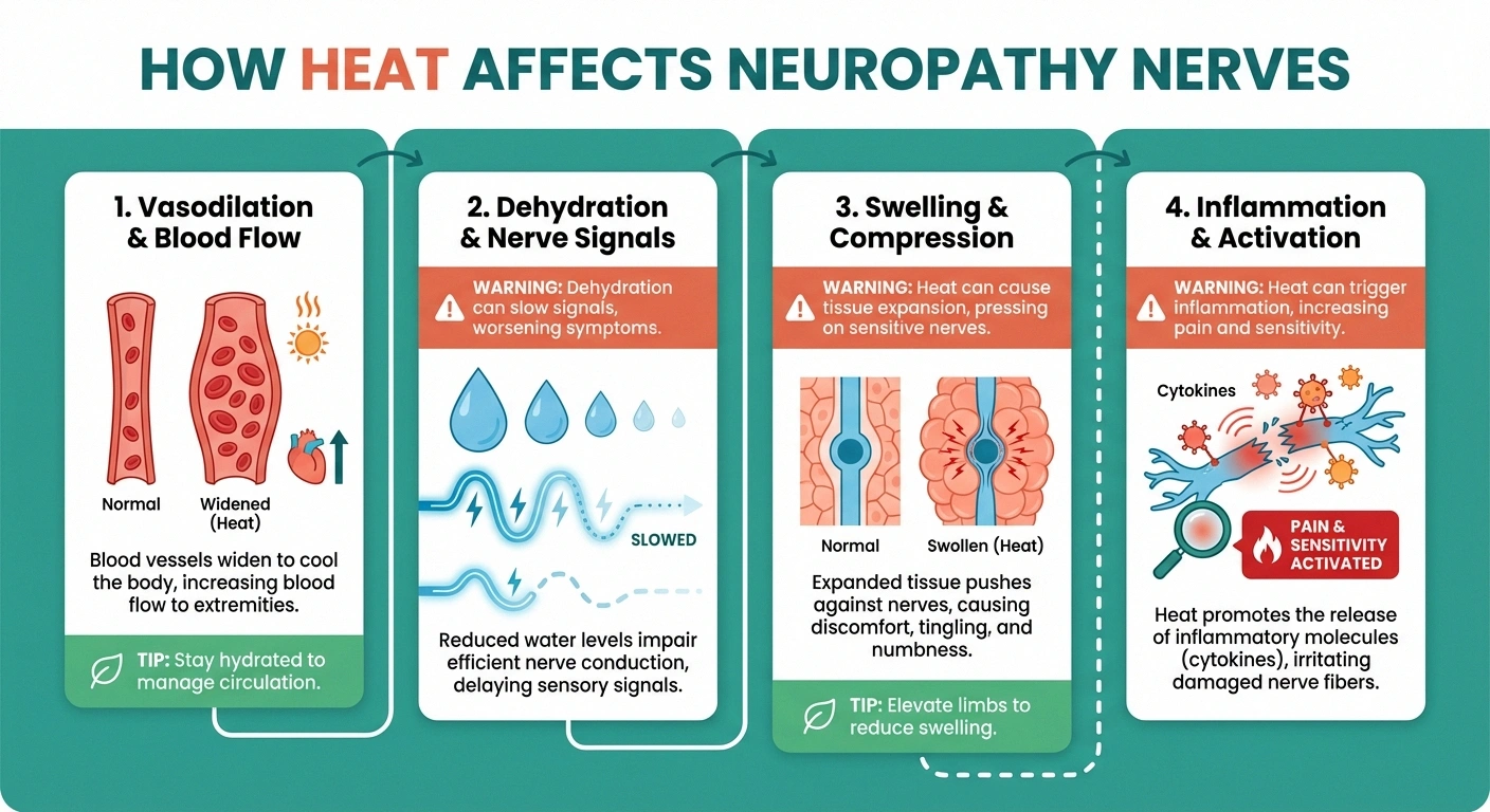 Infographic showing four ways summer heat worsens neuropathy through vasodilation dehydration swelling and inflammation