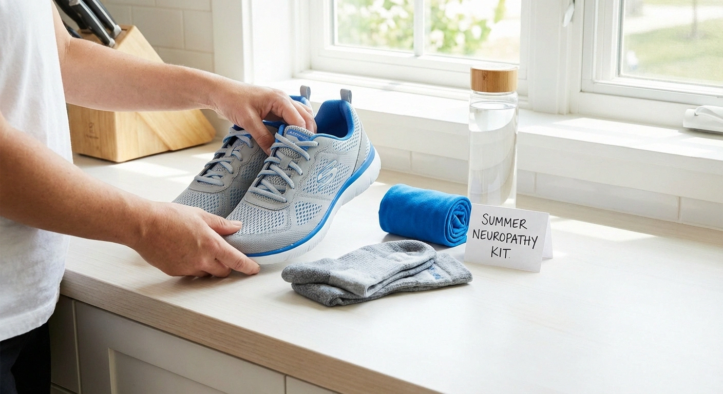 Summer neuropathy kit with breathable shoes cooling neck wrap and water bottle for heat symptom management