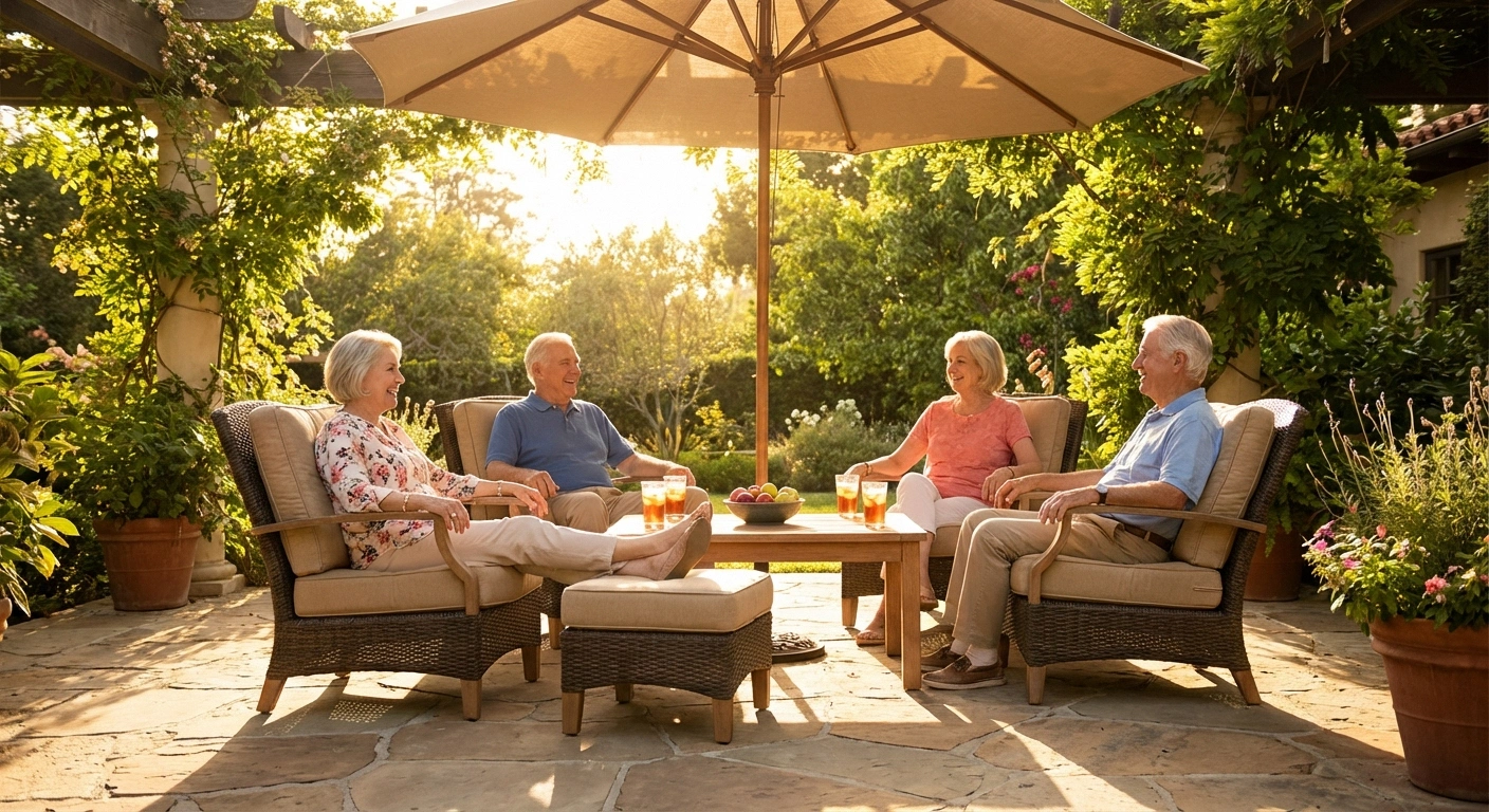 Group of older adults enjoying a shaded summer garden gathering showing that neuropathy does not prevent summer socializing
