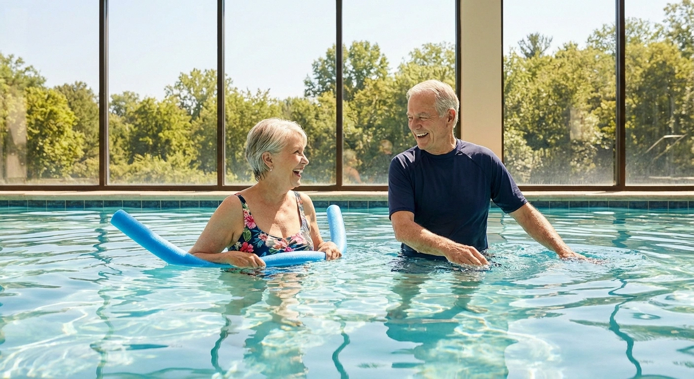 Senior couple doing gentle water therapy exercises in swimming pool for neuropathy symptom relief during summer
