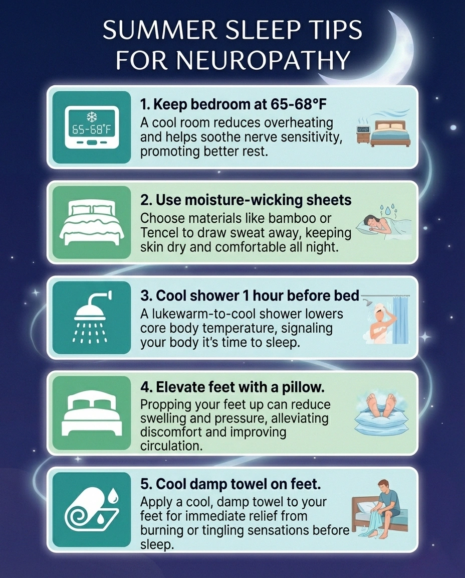 Infographic with five summer sleep tips for neuropathy patients including room temperature bedding and cooling strategies