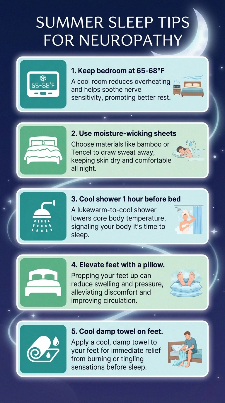 Infographic with five summer sleep tips for neuropathy patients including room temperature bedding and cooling strategies