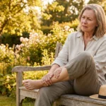 Woman sitting outdoors on a summer day massaging her feet due to neuropathy heat sensitivity