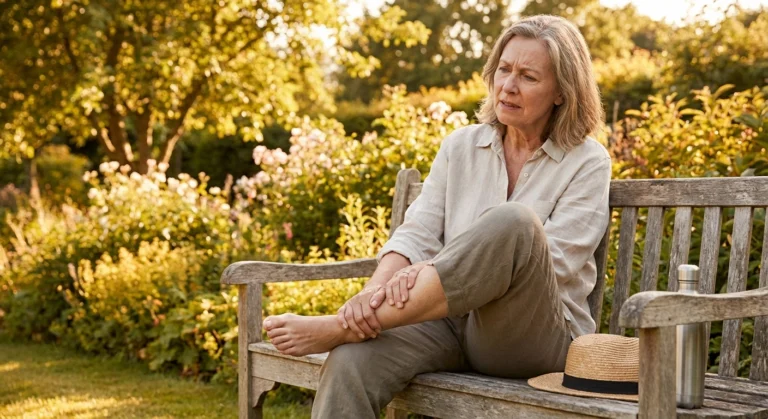 Woman sitting outdoors on a summer day massaging her feet due to neuropathy heat sensitivity