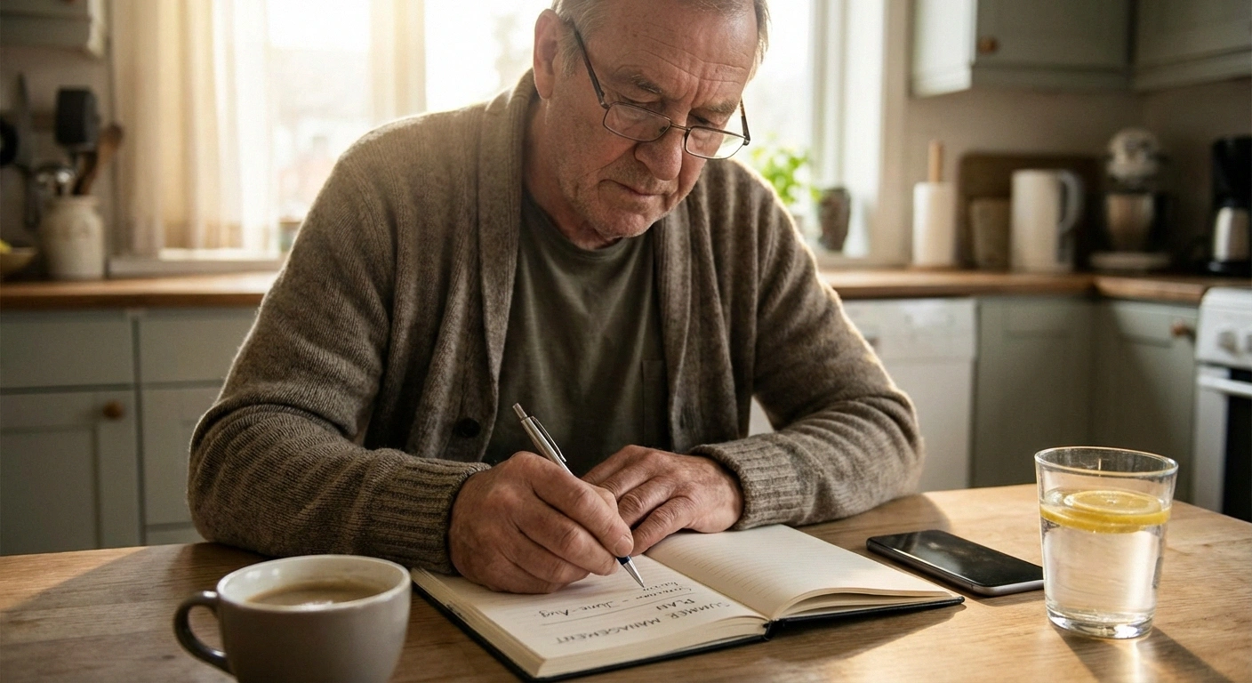 Man writing a personal summer neuropathy management plan in a notebook with water and smartphone nearby