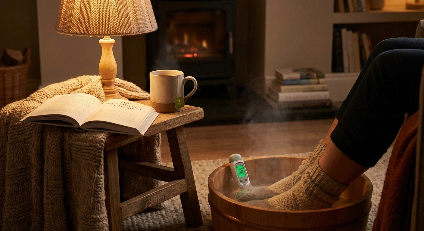 Person soaking feet in warm water basin with thermometer beside cup of tea demonstrating safe foot soak alternative