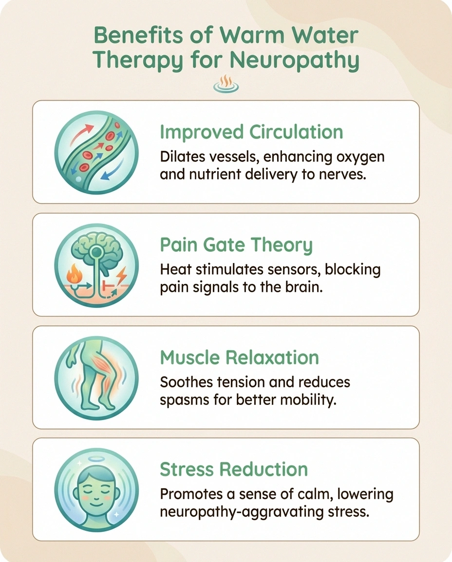 Infographic showing four benefits of hot tub therapy for neuropathy including circulation pain relief muscle relaxation and stress reduction