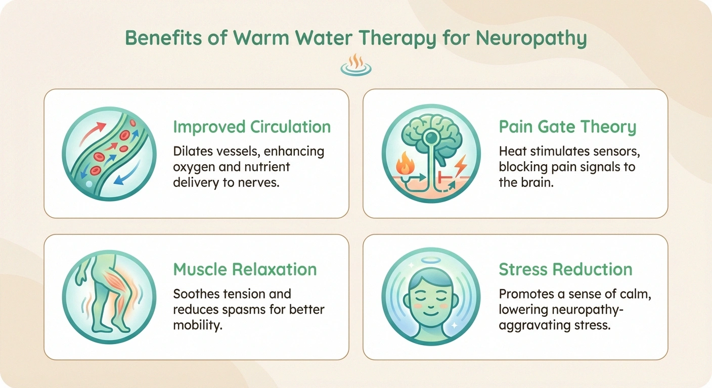 Infographic showing four benefits of hot tub therapy for neuropathy including circulation pain relief muscle relaxation and stress reduction