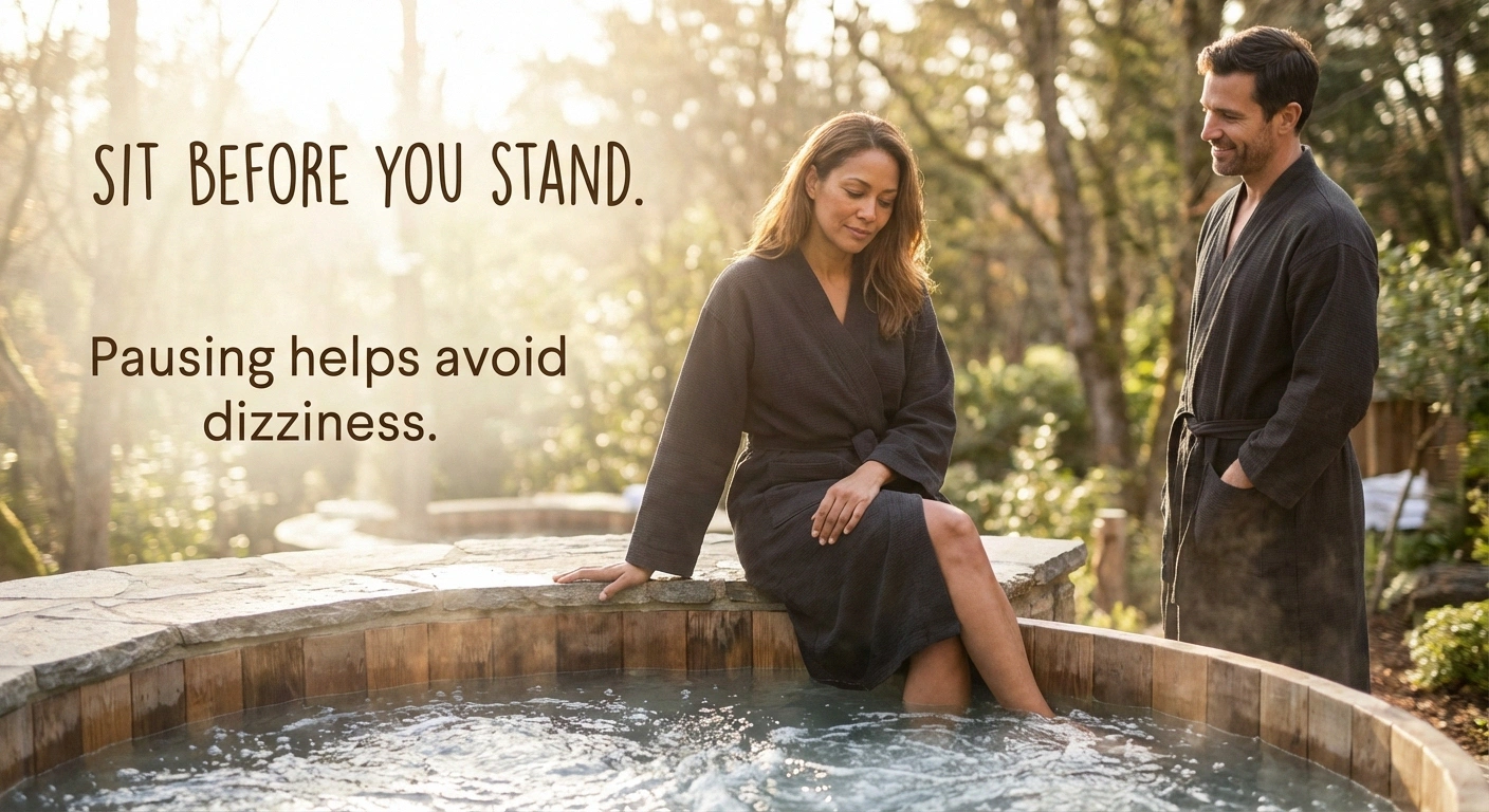 Person sitting on hot tub edge pausing before standing with companion nearby demonstrating blood pressure safety protocol