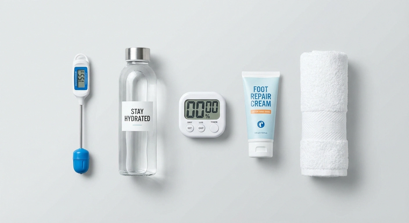 Flat lay of hot tub safety essentials for neuropathy including thermometer water bottle timer and foot moisturizer