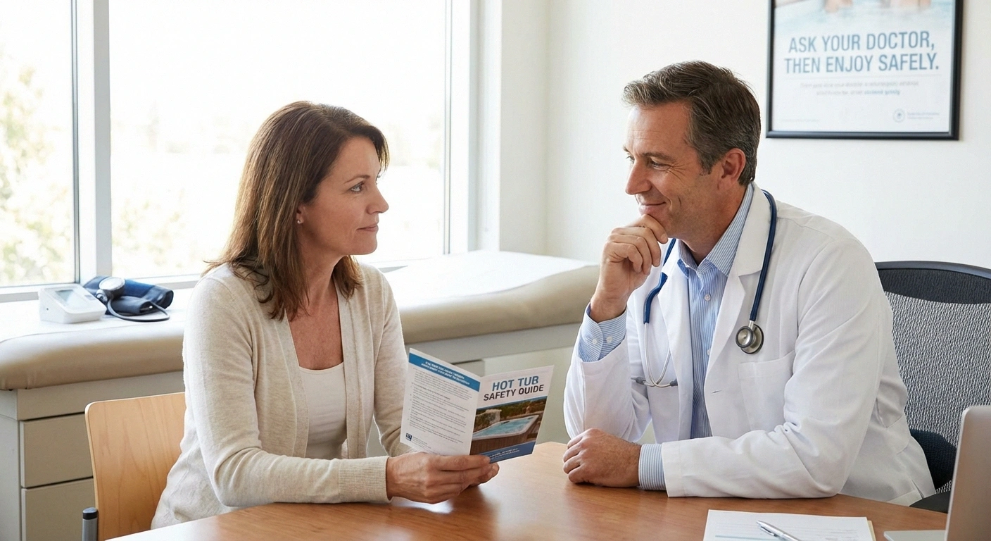 Patient consulting with doctor about hot tub safety with blood pressure cuff visible on examination table